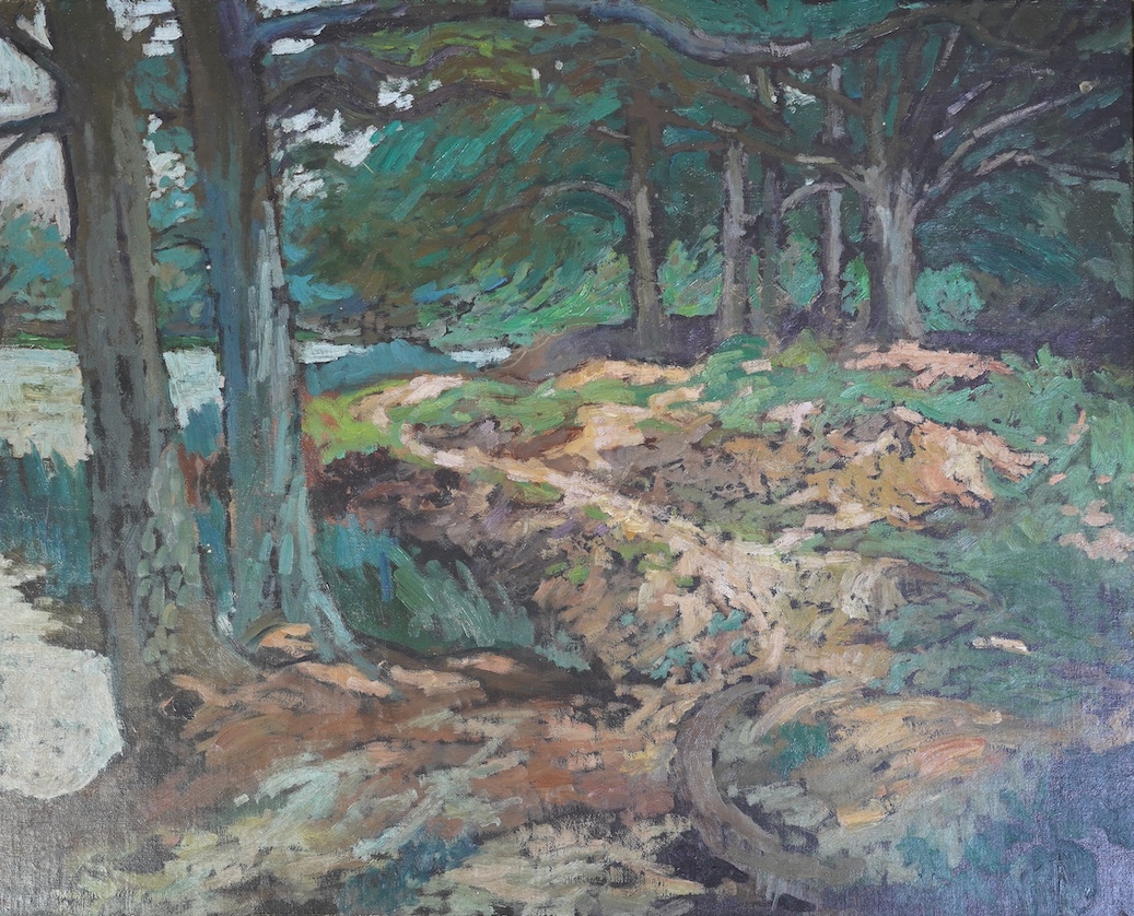 Attributed to Bernard Dunstan R.A. (British, 1920-2017), oil on canvas, Woodland scene, 59.5 x 74cm. Condition - good